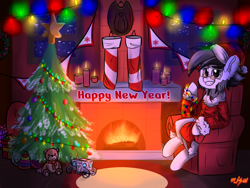 Size: 1600x1200 | Tagged: safe, artist:mjsw, imported from derpibooru, oc, oc only, earth pony, pony, christmas, christmas tree, commission, fire, fireplace, holiday, male, new year, present, smiling, smirk, solo, stallion, toy, tree