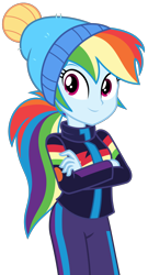 Size: 1494x2769 | Tagged: safe, artist:sketchmcreations, imported from derpibooru, rainbow dash, equestria girls, equestria girls series, holidays unwrapped, spoiler:eqg series (season 2), alternate hairstyle, blizzard or bust, clothes, crossed arms, female, hat, jacket, looking at you, ponytail, simple background, smiling, solo, toque, transparent background, vector, winter outfit