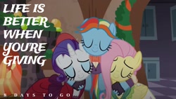 Size: 1920x1080 | Tagged: safe, edit, edited screencap, editor:quoterific, imported from derpibooru, screencap, flutterholly, fluttershy, merry, rainbow dash, rarity, snowdash, pegasus, pony, unicorn, a hearth's warming tail, 8, eyes closed, group hug, hug