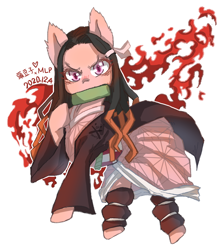 Size: 700x787 | Tagged: safe, artist:xinury辛娜, imported from derpibooru, earth pony, pony, bit gag, clothes, female, gag, kimetsu no yaiba, kimono (clothing), mare, nezuko kamado, ponified, signature, simple background, solo, white background