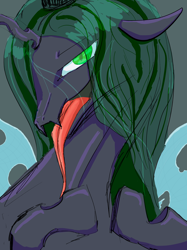 Size: 2048x2732 | Tagged: safe, artist:ほげちき, imported from derpibooru, queen chrysalis, changeling, changeling queen, bust, fangs, female, long tongue, open mouth, solo, tongue out