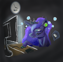 Size: 2076x2048 | Tagged: safe, artist:ほげちき, imported from derpibooru, princess luna, alicorn, pony, gamer luna, bust, clock, computer, computer mouse, female, headset, jewelry, mare, solo, tiara, tired