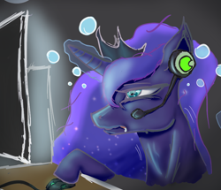 Size: 1330x1146 | Tagged: safe, alternate version, artist:ほげちき, imported from derpibooru, princess luna, alicorn, pony, gamer luna, bust, computer, computer mouse, female, headset, jewelry, mare, solo, tiara, tired