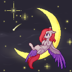 Size: 1600x1600 | Tagged: safe, artist:scorpion, imported from derpibooru, oc, oc only, oc:caffeine creamaccina, pegasus, pony, commission, crescent moon, moon, night, pegasus oc, pixel art, smiling, stars, tangible heavenly object, transparent moon, two toned wings, underhoof, wings, ych result