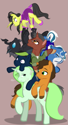 Size: 411x750 | Tagged: safe, artist:askmerriweatherauthor, imported from derpibooru, oc, oc:merriweather, oc:rusty nail, oc:shai ni, oc:shifter, oc:techno wizard, oc:wordsmith, oc:zan, changeling, pony, unicorn, ask merriweather, female, male, mare, pony pile, stallion