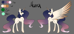 Size: 4054x1900 | Tagged: safe, artist:minelvi, imported from derpibooru, oc, oc only, alicorn, pony, unicorn, alicorn oc, duo, female, gray background, horn, mare, reference sheet, simple background, unicorn oc, wings