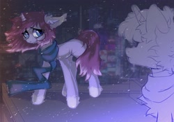 Size: 2700x1900 | Tagged: safe, artist:astralblues, imported from derpibooru, oc, pony, unicorn, chest fluff, clothes, ear fluff, female, fluffy, hoof fluff, leg fluff, sad, scarf, wind