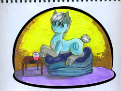 Size: 2526x1896 | Tagged: safe, artist:leastways, imported from derpibooru, oc, oc only, oc:iso, pony, unicorn, abstract background, cushion, female, horn, marker drawing, pencil drawing, solo, table, traditional art, unicorn oc