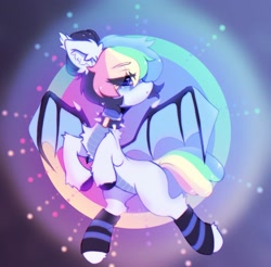 Size: 2271x2235 | Tagged: safe, artist:astralblues, imported from derpibooru, oc, oc only, hybrid, original species, pony, chest fluff, choker, clothes, collar, countershading, cute, ear fluff, fluffy, hoof fluff, leg fluff, looking at you, shy, socks, solo, spiked choker, spread wings, wings