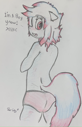 Size: 1596x2463 | Tagged: safe, artist:star lily, imported from derpibooru, oc, oc only, oc:star lily, anthro, ass, blushing, butt, clothes, femboy, male, mistaken gender, panties, solo, solo male, traditional art, underwear