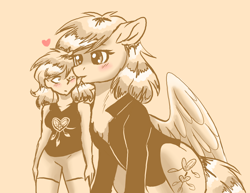 Size: 1928x1487 | Tagged: safe, artist:whitehershey, imported from derpibooru, oc, oc only, oc:white hershey, human, pegasus, pony, blushing, chest fluff, clothes, duo, female, heart, horse sized pony, humanized, licking, monochrome, self ponidox, simple background, size difference, tongue out