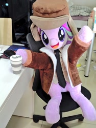 Size: 768x1024 | Tagged: safe, artist:nekokevin, imported from derpibooru, imported from ponybooru, starlight glimmer, pony, unicorn, series:nekokevin's glimmy, clothes, coffee cup, cup, female, hat, hooves in air, irl, jacket, life size, looking at you, mare, necktie, open mouth, photo, plushie, shirt, sitting, smiling, solo, table, underhoof