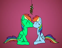 Size: 1280x987 | Tagged: safe, artist:platinumdrop, imported from derpibooru, rainbow dash, oc, oc:oliver, pegasus, canon x oc, female, gradient background, kissing, male, mare, mistletoe, olidash, request, shipping, simple background, stallion, straight