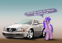 Size: 1469x1028 | Tagged: safe, artist:filly909, artist:imadeus, imported from derpibooru, twilight sparkle, pony, unicorn, car, convertible, female, mare, mercedes-benz, mercedes-benz sl-class, raised hoof, solo, text, unicorn twilight