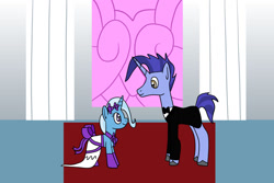 Size: 1280x854 | Tagged: safe, artist:platinumdrop, imported from derpibooru, hoo'far, trixie, pony, unicorn, female, male, marriage, request, shipping, straight, trixfar, wedding