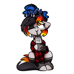 Size: 1240x1240 | Tagged: safe, artist:sugar morning, imported from derpibooru, princess luna, oc, oc:moonshine, unicorn, alcohol, choker, clothes, collar, cute, drinking, drinking straw, ear piercing, earring, female, flannel, flannel shirt, freckles, gloves, hoofless socks, jar, jewelry, latex, latex gloves, latex socks, looking up, mare, moonshine, one eye closed, piercing, plushie, shirt, sitting, smiling, socks, stockings, thigh highs