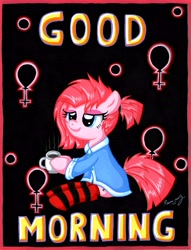 Size: 5025x6594 | Tagged: safe, artist:rammzblood, imported from derpibooru, pinkie pie, earth pony, pony, alternate hairstyle, clothes, coffee mug, messy mane, mug, socks, solo, striped socks