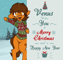 Size: 1813x1739 | Tagged: safe, artist:marsminer, imported from derpibooru, oc, oc only, oc:venus spring, earth pony, pony, unicorn, bipedal, card, christmas, christmas sweater, clothes, female, happy new year, holiday, looking at you, mare, merry christmas, new year, no pupils, open mouth, patreon, patreon reward, smiling, snow, solo, sweater, venus spring actually having a pretty good time, waving, winter