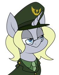 Size: 915x1168 | Tagged: safe, artist:moonatik, imported from derpibooru, oc, oc only, oc:silver bullet, pony, unicorn, bust, clothes, commission, female, glasses, hat, mare, military uniform, necktie, peaked cap, simple background, solo, transparent background, uniform, us army