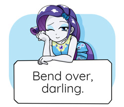 Size: 740x640 | Tagged: safe, artist:batipin, edit, imported from derpibooru, rarity, equestria girls, equestria girls series, bend over, darling, female, geode of shielding, looking at you, magical geodes, mysterious white liquid, one eye closed, rarity peplum dress, solo, text edit, wink