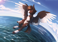 Size: 4131x3000 | Tagged: safe, artist:mithriss, imported from derpibooru, oc, oc only, pegasus, pony, flying, lens flare, male, solo, stallion, unshorn fetlocks, water