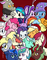 Size: 1024x1304 | Tagged: safe, artist:exobass, imported from derpibooru, applejack, carrot top, cinder glow, derpy hooves, discord, dj pon-3, fluttershy, golden harvest, lyra heartstrings, moondancer, nurse redheart, octavia melody, pinkie pie, princess celestia, princess luna, rainbow dash, rarity, roseluck, starlight glimmer, summer flare, trixie, twilight sparkle, vinyl scratch, alicorn, draconequus, earth pony, kirin, pegasus, pony, unicorn, background kirin, background pony, christmas, clothes, female, glasses, hat, holiday, looking at you, male, mare, santa hat, trixie's hat