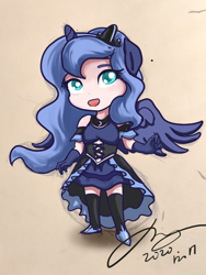 Size: 2250x3000 | Tagged: safe, artist:musical ray, imported from derpibooru, princess luna, alicorn, human, equestria girls, alicorn humanization, chibi, clothes, crown, cute, dress, eared humanization, female, gloves, horn, horned humanization, humanized, jewelry, long gloves, lunabetes, regalia, s1 luna, short sleeves, shoulderless, solo, winged humanization