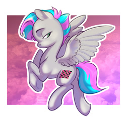 Size: 1462x1422 | Tagged: safe, artist:fault sunrise, imported from derpibooru, oc, oc only, pegasus, pony, abstract background, female, flying, lidded eyes, looking back, mare, solo