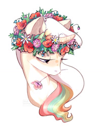 Size: 1134x1357 | Tagged: safe, artist:fault sunrise, imported from derpibooru, oc, oc only, pony, unicorn, bust, female, flower, flower in hair, lidded eyes, looking down, mare, portrait, simple background, white background