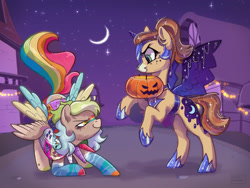 Size: 1512x1134 | Tagged: safe, artist:fault sunrise, imported from derpibooru, oc, oc only, pegasus, pony, bat wings, commission, crescent moon, cutie mark dress, duo, hoof shoes, horn, horn necklace, moon, necklace, pegasus oc, pumpkin bucket, severed horn, wings, ych result