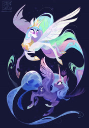 Size: 2550x3651 | Tagged: safe, artist:stasya_sher, imported from derpibooru, princess celestia, princess luna, alicorn, pony, blue background, crown, duo, female, high res, jewelry, mare, profile, regalia, royal sisters, siblings, simple background, sisters, spread wings, wings