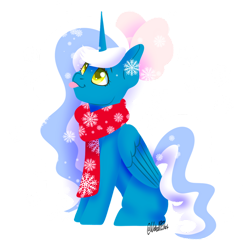 Size: 1024x1008 | Tagged: safe, artist:wicked-red-art, imported from derpibooru, oc, oc:fleurbelle, alicorn, adorabelle, alicorn oc, bow, clothes, cute, female, hair bow, horn, mare, scarf, simple background, snow, snowfall, snowflake, tongue out, transparent background, wings, winter, yellow eyes