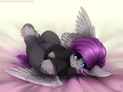 Size: 4000x3000 | Tagged: safe, artist:mithriss, imported from derpibooru, oc, oc only, pegasus, pony, bed, clothes, commission, cute, female, looking at you, lying down, mare, on back, on bed, pants, solo, spread wings, sweater, unshorn fetlocks, wings