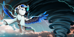 Size: 5000x2480 | Tagged: safe, artist:dormin-dim, artist:dormin-kanna, imported from derpibooru, imported from ponybooru, oc, oc only, oc:hawker hurricane, pegasus, pony, absurd resolution, cloud, colored wings, commission, flying, high res, lightning, male, multicolored wings, rain, sky, smiling, solo, stallion, storm, tornado, wings