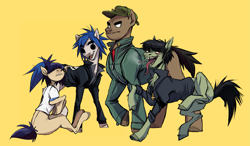 Size: 3487x2033 | Tagged: safe, artist:1an1, imported from derpibooru, earth pony, pony, 2-d, cap, cigarette, clothes, female, gorillaz, group, hat, jacket, lip bite, long tongue, looking at you, male, mare, murdoc, murdoc niccals, noodle, open mouth, ponified, raised hoof, raised leg, russel, russel hobbs, sharp teeth, shirt, simple background, sitting, stallion, standing, t-shirt, teeth, tongue out, yellow background