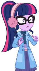 Size: 1503x2772 | Tagged: safe, artist:sketchmcreations, imported from derpibooru, sci-twi, twilight sparkle, equestria girls, equestria girls series, holidays unwrapped, spoiler:eqg series (season 2), blizzard or bust, clothes, coat, earmuffs, female, open mouth, scarf, simple background, solo, surprised, transparent background, vector, winter outfit