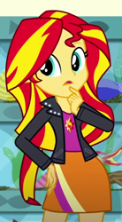 Size: 360x651 | Tagged: safe, imported from derpibooru, screencap, sunset shimmer, eqg summertime shorts, equestria girls, pet project, clothes, cropped, finger on chin, finger to mouth pose, hmm, jacket, leather jacket, looking around, skirt, solo, thinking