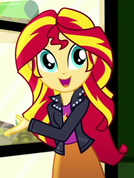 Size: 518x690 | Tagged: safe, imported from derpibooru, screencap, sunset shimmer, eqg summertime shorts, equestria girls, pet project, clothes, cropped, cute, cutie mark on clothes, jacket, leather, leather jacket, looking at someone, shimmerbetes, shirt, skirt, solo