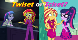 Size: 2187x1116 | Tagged: safe, edit, edited screencap, imported from derpibooru, screencap, sci-twi, sunset shimmer, twilight sparkle, equestria girls, rainbow rocks, spring breakdown, caption, choice, clothes, female, hand on shoulder, image macro, kitchen, lesbian, pajamas, scitwishimmer, shipping, shipping war, smiling, sunlight, sunsetsparkle, text