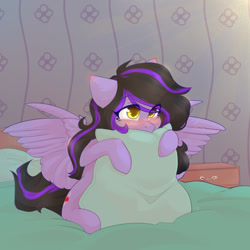 Size: 1224x1224 | Tagged: safe, artist:shini951, artist:shinizavr, imported from derpibooru, oc, oc only, pegasus, pony, bed, blushing, commission, hug, pillow, pillow hug, solo, your character here