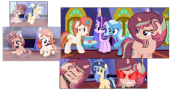 Size: 1280x691 | Tagged: safe, artist:stardustsentryyt105, imported from derpibooru, starlight glimmer, trixie, oc, oc:crimson ruby, oc:star dust, oc:sunrise ruby, alicorn amulet, base used, cupcake, cutiespark, female, filly, food, next generation, offspring, parent:flash sentry, parent:starlight glimmer, parent:sunburst, parent:twilight sparkle, parents:flashlight, parents:starburst