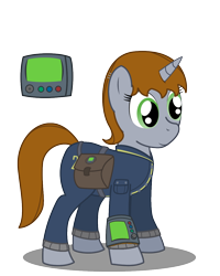 Size: 1000x1250 | Tagged: safe, artist:warren peace, imported from derpibooru, oc, oc only, oc:littlepip, pony, unicorn, fallout equestria, bag, bobby pin, clothed ponies, clothes, cutie mark, fallout, female, females only, jumpsuit, mare, pipbuck, saddle bag, shadow, simple background, smiling, solo, stable 2, transparent background, vault suit, vector