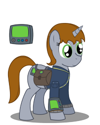 Size: 1000x1250 | Tagged: safe, alternate version, artist:warren peace, imported from derpibooru, oc, oc only, oc:littlepip, pony, unicorn, fallout equestria, bag, bobby pin, clothed ponies, clothes, cutie mark, fallout, female, females only, jumpsuit, mare, pipbuck, saddle bag, shadow, simple background, smiling, solo, stable 2, transparent background, vault suit, vector