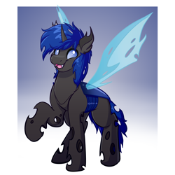 Size: 4000x4000 | Tagged: safe, artist:witchtaunter, imported from derpibooru, oc, oc only, changeling, blue changeling, changeling oc, gradient background, smiling, smiling at you, solo
