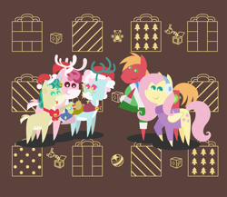 Size: 2160x1872 | Tagged: safe, anonymous artist, imported from derpibooru, alice the reindeer, aurora the reindeer, big macintosh, bori the reindeer, fluttershy, oc, oc:late riser, deer, earth pony, pegasus, pony, reindeer, series:fm holidays, series:hearth's warming advent calendar, abstract background, advent calendar, baby, baby pony, boop, christmas, clothes, colt, female, fluttermac, hat, hat off, hearth's warming, holding a pony, holiday, lineless, male, offspring, pacifier, parent:big macintosh, parent:fluttershy, parents:fluttermac, pointy ponies, santa hat, shipping, straight, sweater, the gift givers, tongue out, turtleneck, winter outfit