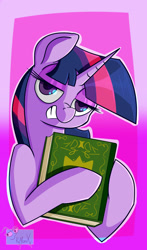 Size: 1280x2181 | Tagged: safe, artist:pigmanxx, imported from derpibooru, twilight sparkle, pony, book, female, looking at you, simple background, smiling, smirk, solo