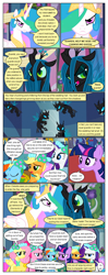 Size: 612x1552 | Tagged: safe, artist:newbiespud, edit, edited screencap, imported from derpibooru, screencap, applejack, fluttershy, pinkie pie, princess celestia, queen chrysalis, rainbow dash, rarity, twilight sparkle, changeling, changeling queen, earth pony, pegasus, pony, unicorn, comic:friendship is dragons, a canterlot wedding, angry, background pony audience, bowtie, clothes, comic, dialogue, dress, eyelashes, female, flower, flower in hair, freckles, frown, indoors, jewelry, male, mane six, mare, necklace, newbie artist training grounds, pearl necklace, peytral, screencap comic, stallion, tiara, unicorn twilight