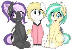 Size: 3000x2077 | Tagged: safe, artist:an-tonio, imported from derpibooru, oc, oc only, oc:icy breeze, oc:nightwalker, oc:whiteout, bat pony, earth pony, pony, derpibooru community collaboration, 2021 community collab, eye clipping through hair, female, grin, high res, looking at you, mare, simple background, sitting, smiling, teeth, transparent background, trio