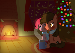 Size: 3508x2480 | Tagged: safe, artist:mrkat7214, imported from derpibooru, pinkie pie, oc, oc:ace play, earth pony, pony, blushing, canon x oc, chocolate, christmas, christmas stocking, christmas tree, clothes, cute, facial hair, female, fireplace, food, goatee, hearth's warming, high res, holiday, hot chocolate, male, mare, mug, pinkieplay, scarf, scarf sharing, shared clothing, shared scarf, shipping, sitting, stallion, straight, tree, vector