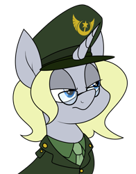 Size: 915x1168 | Tagged: safe, artist:moonatik, imported from derpibooru, oc, oc only, oc:silver bullet, unicorn, bust, clothes, commission, female, glasses, hat, mare, military uniform, necktie, peaked cap, simple background, solo, transparent background, uniform, us army